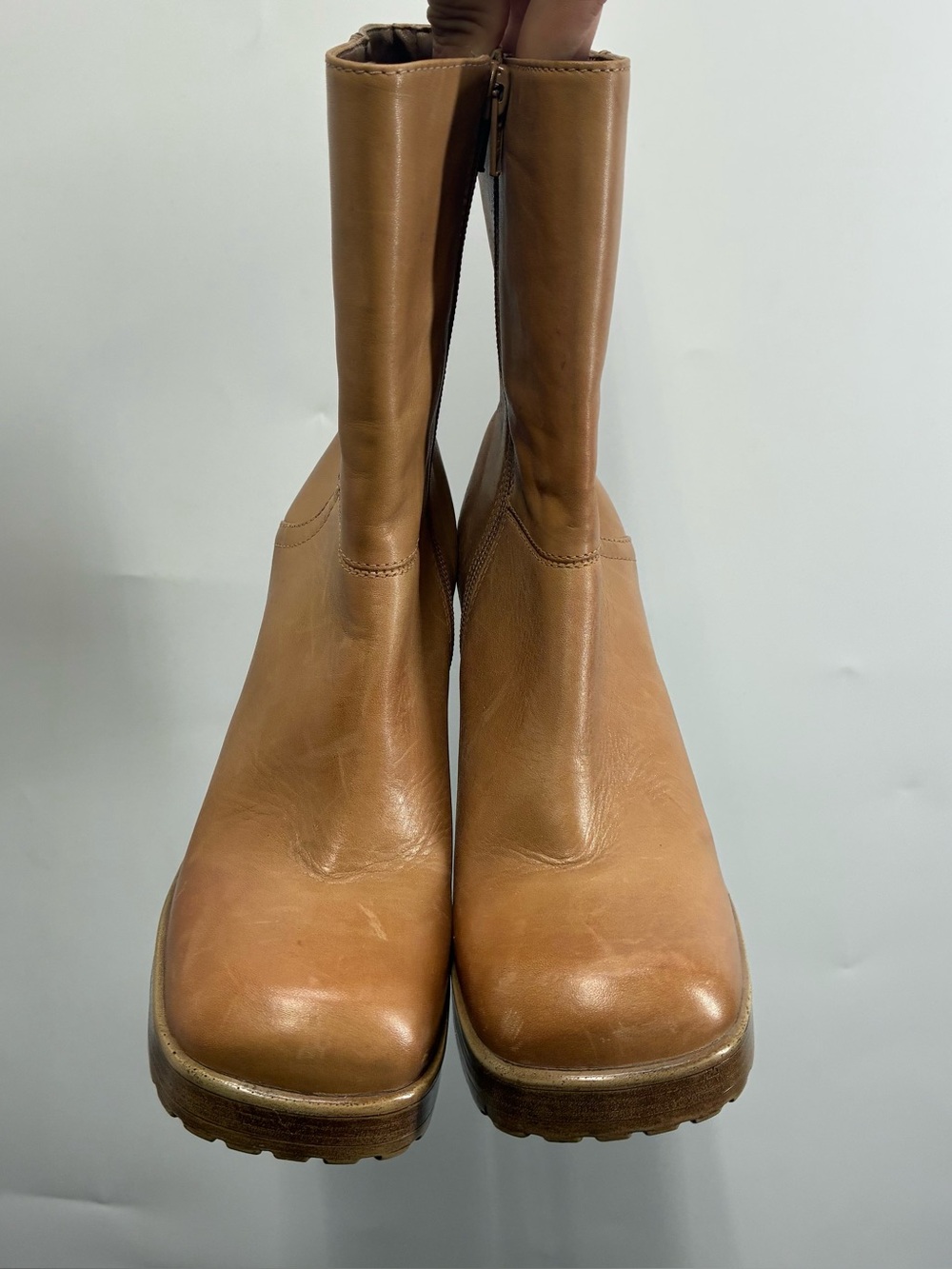 Vintage 90s Steve Madden 6.5 6 1/2 LIZIE Leather Chunky Heel Platform Boots Tan - Picture 11 of 12